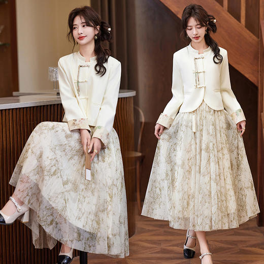 中式文艺套裙，袖口镶色门襟盘扣小外套+压绉花色半身裙HR-BLKE9902-1 商品图3