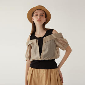 谜底圆领拼接上衣女2024夏季新款时尚优雅露肩短袖衬衫246MS7039