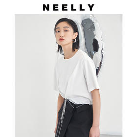 NEELLY纳俪商场同款基础圆领小众金属链条设计感抽绳褶皱短袖T恤N23044T04584