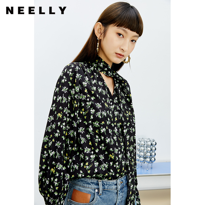 NEELLY纳俪商场同款碎花衬衫女季飘带领气质韩版上衣时尚N22074B04408