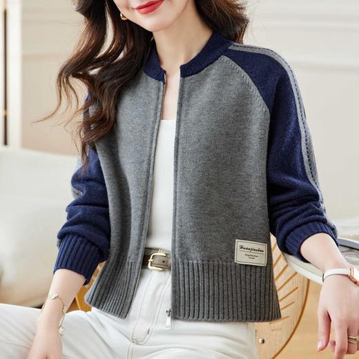 短款立领拼色针织开衫，女高腰小个子春季新款拉链外搭上衣毛衣外套CC-MY-1093 商品图3