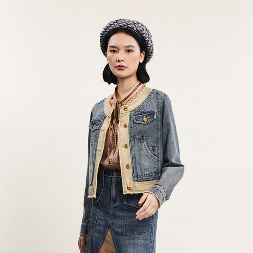 谜底短款牛仔外套女2024春新款复古文艺风圆领拼接合体241MW0004 商品图1