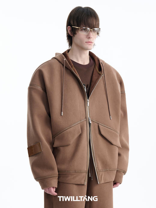 TIWILLTANG启世录“凛迹宇轶”重磅加绒加厚拼皮分割连帽慵懒卫衣 商品图2
