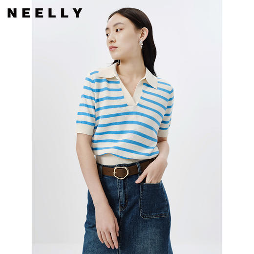 NEELLY纳俪商场同款气质v领针织衫女短袖条纹毛衣套头衫修身百搭N24034A04560 商品图0