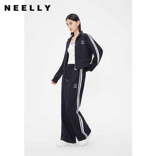 NEELLY纳俪商场同款藏青色运动风阔腿裤女舒适高腰抽绳休闲直筒裤N24021H01091 商品图1