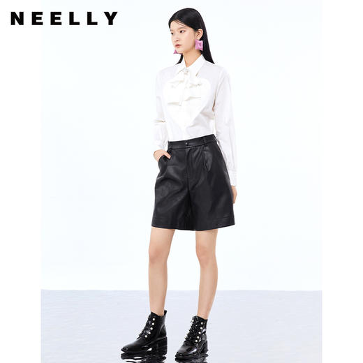 NEELLY纳俪西装领飘带白色衬衫女爱心压褶长袖上衣简约通勤秋季N21091B01183 商品图1