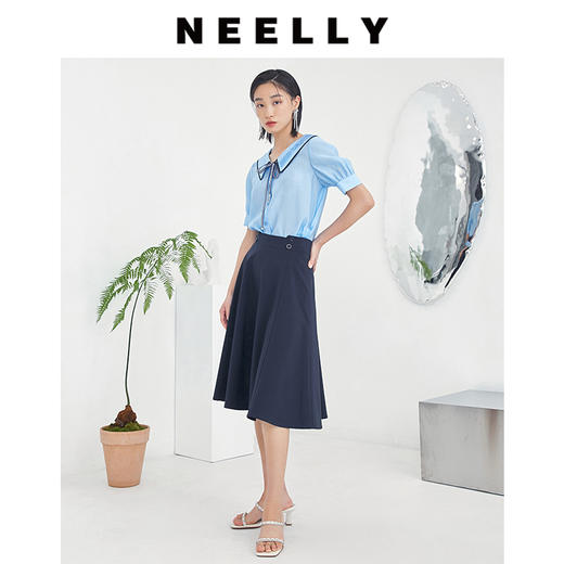 NEELLY纳俪商场同款韩版polo领蝴蝶结飘带短袖上衣夏灯笼袖衬衫N23044B04591 商品图2