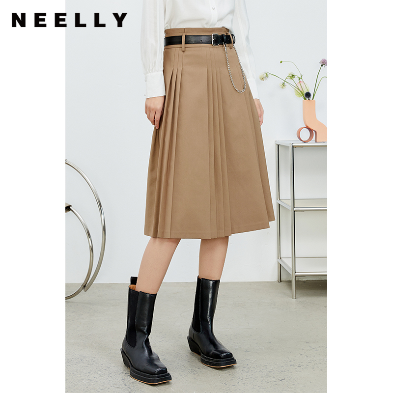 NEELLY纳俪百褶半身裙女春季新款显瘦高腰中长不对称设计感N22074E04426