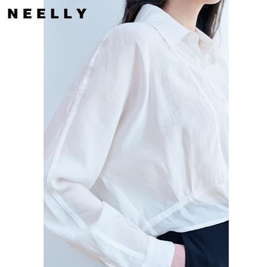 NEELLY纳俪商场同款超仙短款白色衬衫女春秋设计感蝴蝶结系带上衣N23074B03341 商品图2