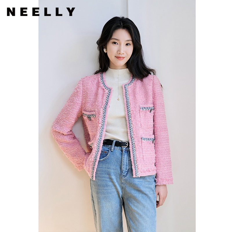 NEELLY纳俪商场同款绵羊毛小香风短外套女粉色甜美气质粗花呢上衣N23094C03333