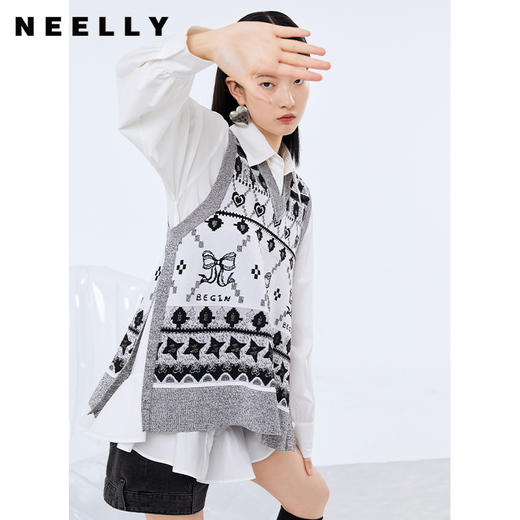NEELLY纳俪商场同款两件套衬衫连衣裙V领马甲侧开叉针织套头衫N21081Y01107 商品图1