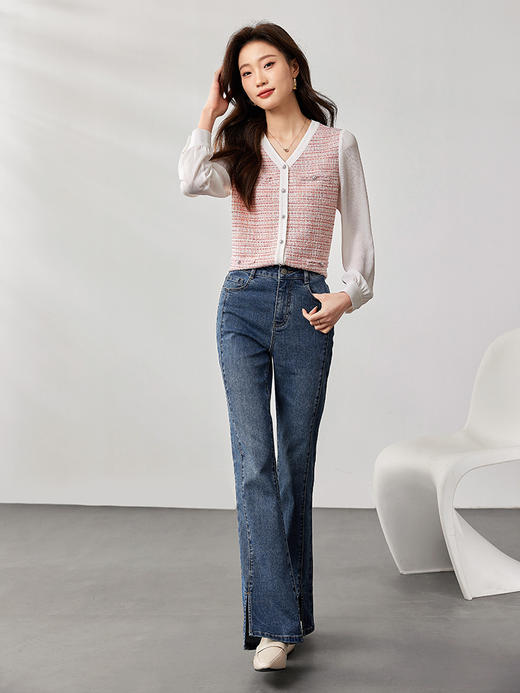 【年终特卖】熙世界甜美小香风假两件衬衫24年秋季新款时尚气质长袖V领上衣 商品图4