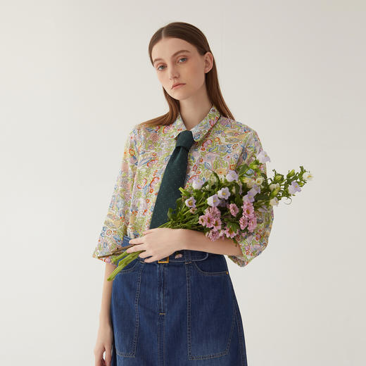 谜底花衬衫七分袖女2024夏新款复古田园风印花浪漫衬衣246MC7009 商品图0