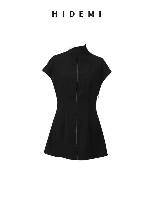 HIDEMI 极简设线条设计感走线黑白撞色不对称立领收腰上衣 商品图7