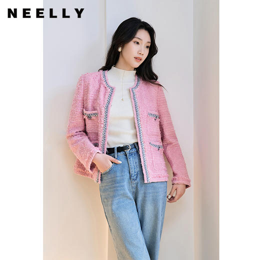 NEELLY纳俪商场同款绵羊毛小香风短外套女粉色甜美气质粗花呢上衣N23094C03333 商品图2