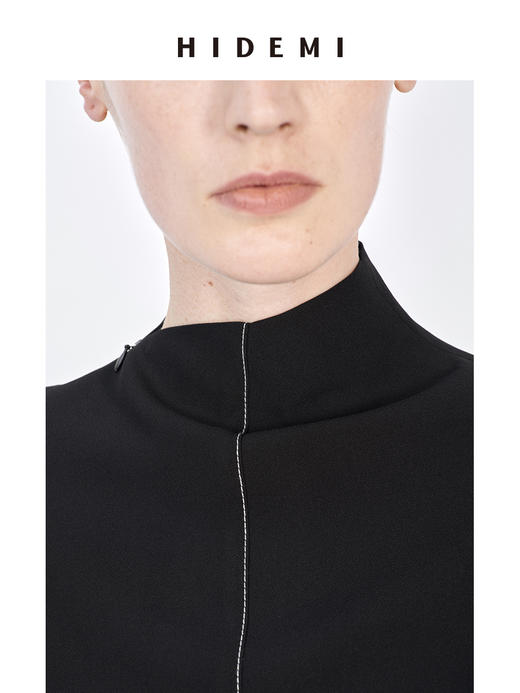 HIDEMI 极简设线条设计感走线黑白撞色不对称立领收腰上衣 商品图3