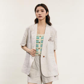 谜底西装外套短袖女2024春季新款亚麻透气宽松绣花西服241MW0142