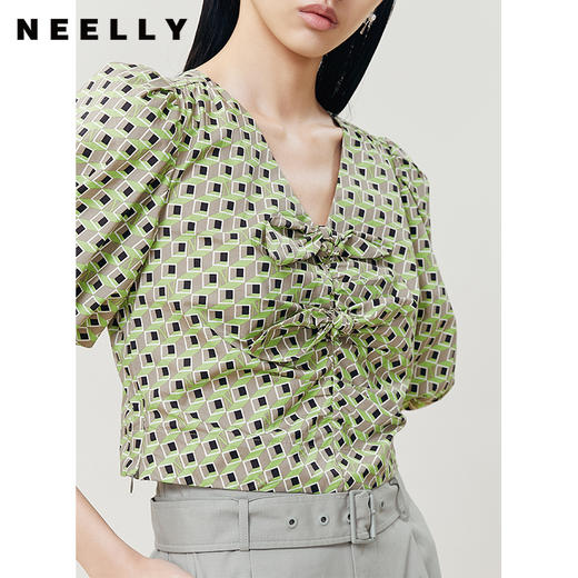 NEELLY纳俪商场同款V领泡泡袖衬衫女胸前蝴蝶结显瘦套头上衣百搭N22052R01156 商品图2