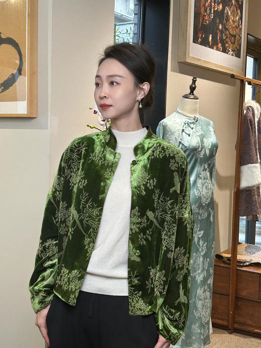 微瑕秒杀|  盛唐牡丹 |丝绒小鸟双面穿外套 绿色款(不夹棉)[特价品] 商品图1