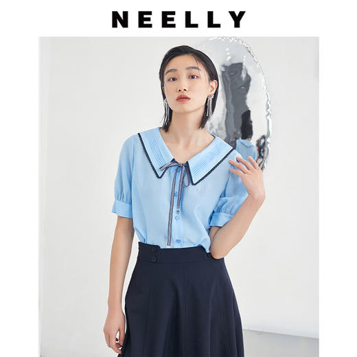 NEELLY纳俪商场同款韩版polo领蝴蝶结飘带短袖上衣夏灯笼袖衬衫N23044B04591 商品图1