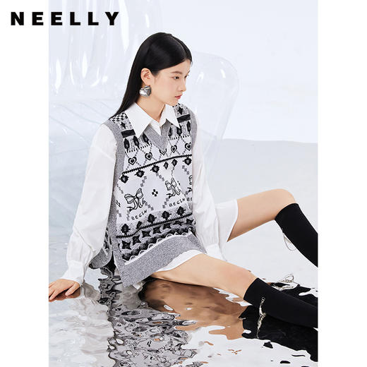 NEELLY纳俪商场同款两件套衬衫连衣裙V领马甲侧开叉针织套头衫N21081Y01107 商品图0