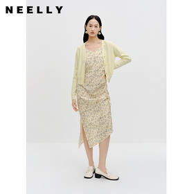 NEELLY纳俪商场同款碎花吊带裙无袖长裙新款黄色显瘦收腰A字裙秋N24024Y04552