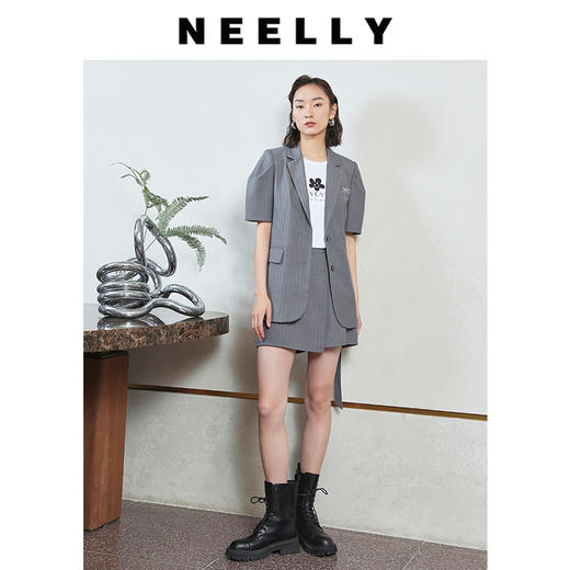 NEELLY纳俪商场同款职场OL竖条纹短袖收腰系带西装廓形西服女外套N23044W04577 商品图2