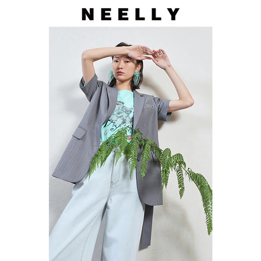 NEELLY纳俪商场同款职场OL竖条纹短袖收腰系带西装廓形西服女外套N23044W04577 商品图3