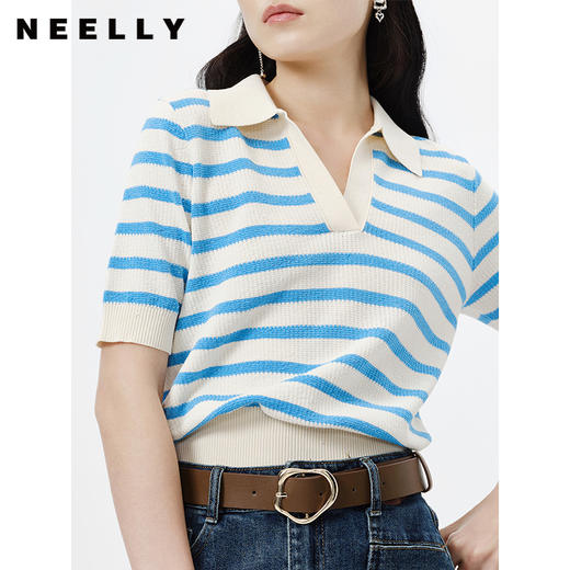 NEELLY纳俪商场同款气质v领针织衫女短袖条纹毛衣套头衫修身百搭N24034A04560 商品图2