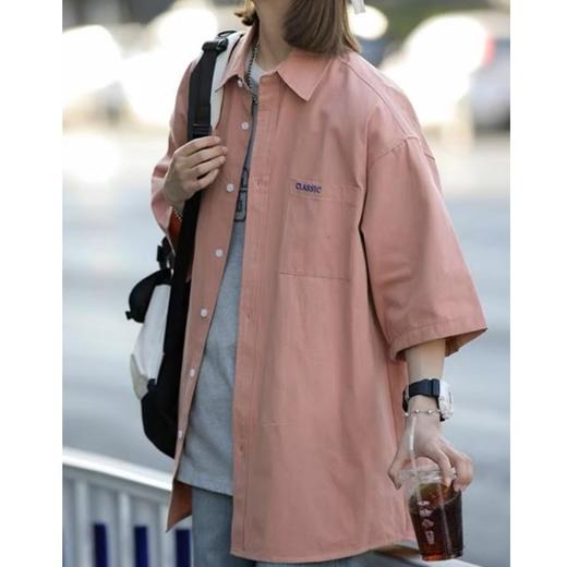 夏季【纯色工装短袖衬衫 女式潮牌潮流日系】休闲百搭 情侣装7分袖衬衣 商品图0