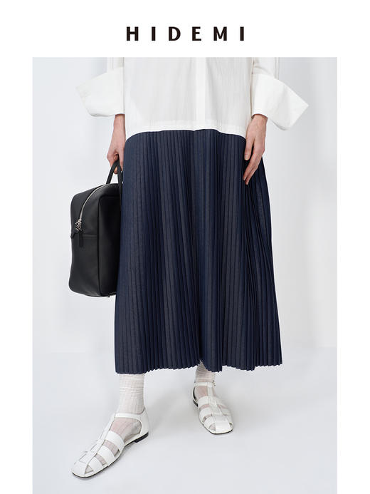 HIDEMI 极简设计感立领纽扣式拼接撞色衬衫连衣裙百褶裙 商品图6