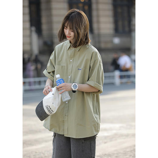 夏季【纯色工装短袖衬衫 女式潮牌潮流日系】休闲百搭 情侣装7分袖衬衣 商品图9