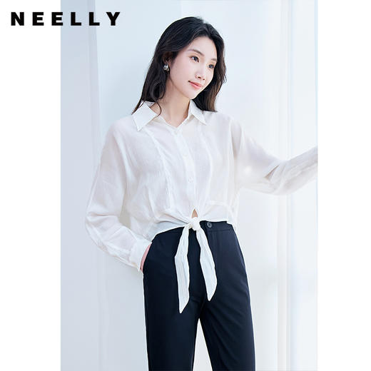 NEELLY纳俪商场同款超仙短款白色衬衫女春秋设计感蝴蝶结系带上衣N23074B03341 商品图0