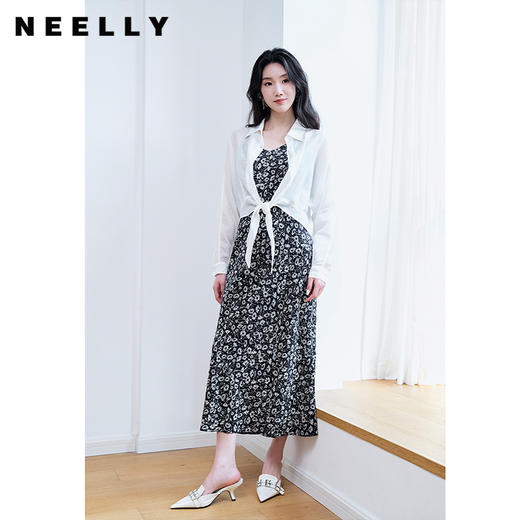 NEELLY纳俪商场同款超仙短款白色衬衫女春秋设计感蝴蝶结系带上衣N23074B03341 商品图1