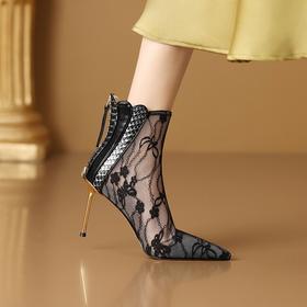【预售5天】春秋靴高跟网靴，轻熟风气质细跟尖头蕾丝镂空网纱靴蛇皮短筒靴SJS&2301-988