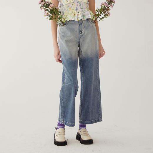 谜底复古宽松阔腿裤长裤女2024夏新款时尚渐变色牛仔裤246MK7021 商品图0