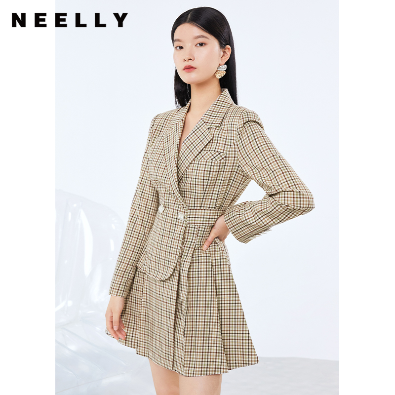 NEELLY纳俪气质复古格纹翻领西装连衣裙女中长款A字裙长袖百褶裙N22074Y04416