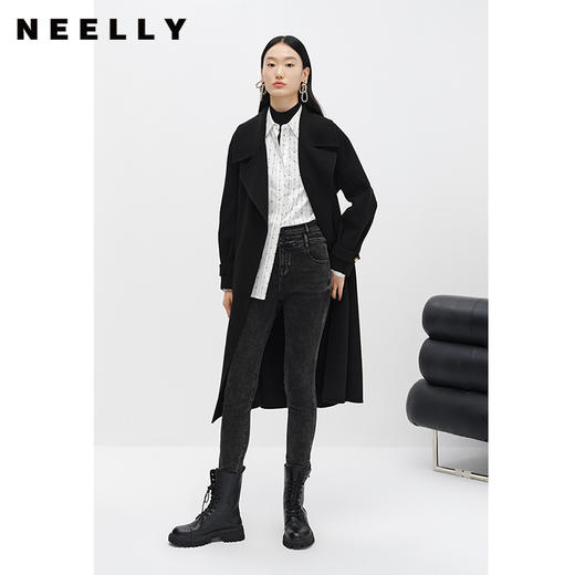 NEELLY纳俪商场同款大气翻领双面呢外套女中长款驼色收腰系带大衣N23104N04403 商品图2