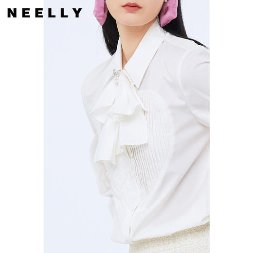 NEELLY纳俪西装领飘带白色衬衫女爱心压褶长袖上衣简约通勤秋季N21091B01183 商品图2