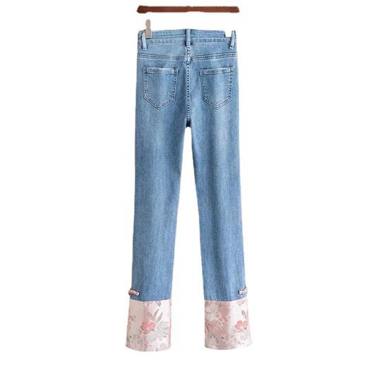 雀说 高端香云纱撞色拼接提花高腰直筒显瘦中国风牛仔裤4ZF-022602 商品图4