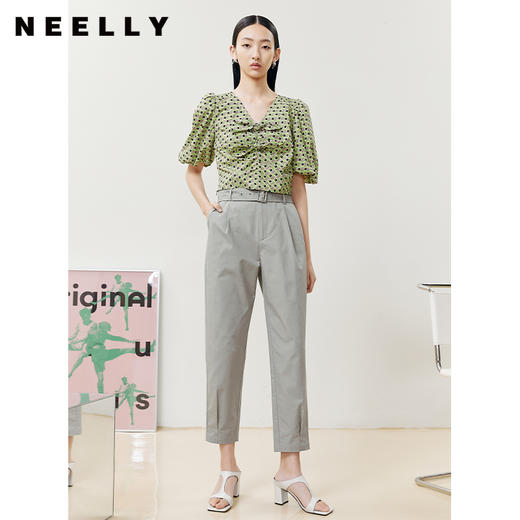 NEELLY纳俪商场同款V领泡泡袖衬衫女胸前蝴蝶结显瘦套头上衣百搭N22052R01156 商品图1