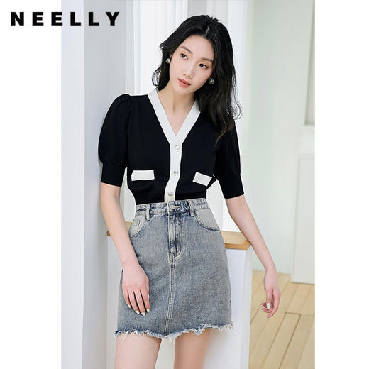 NEELLY纳俪商场同款高腰牛仔a字裙女复古显瘦气质百搭包臀半身裙N23074E07719 商品图1