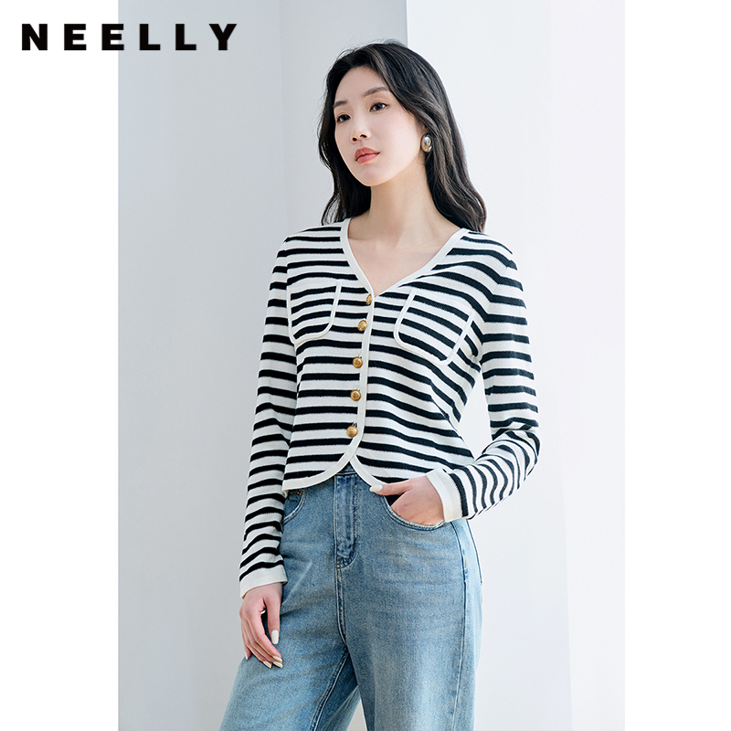 NEELLY纳俪商场同款V领条纹黑白撞色针织衫元气减龄百搭开衫上衣N23084A03307