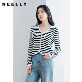 NEELLY纳俪商场同款V领条纹黑白撞色针织衫元气减龄百搭开衫上衣N23084A03307