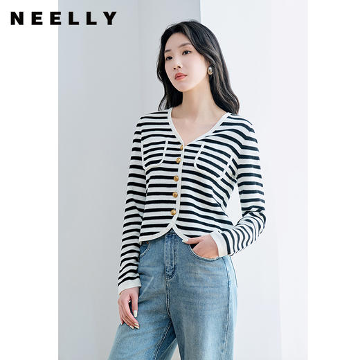 NEELLY纳俪商场同款V领条纹黑白撞色针织衫元气减龄百搭开衫上衣N23084A03307 商品图0