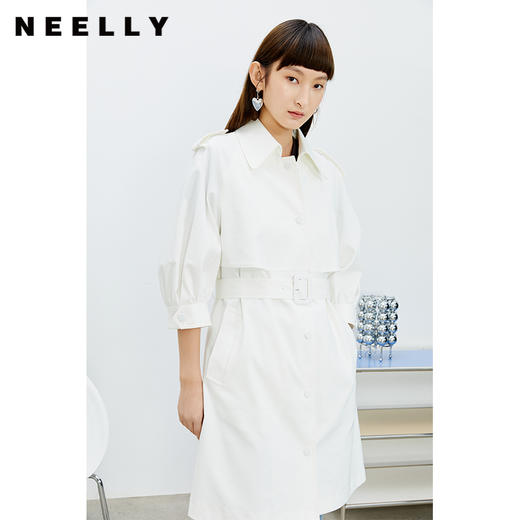 NEELLY纳俪风衣女2022年新款单排扣收腰系带中长款外套气质泡泡袖N22074F04442 商品图0