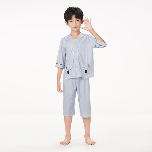 都市丽人眯雅佳生活家居春夏睡衣男女童牛奶丝抽条家居服薄款中袖七分裤童装棉质套装JH41A1 商品图1