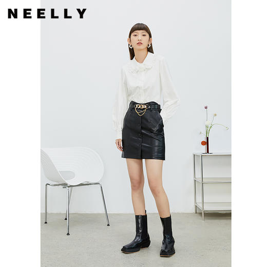 NEELLY纳俪商场同款春黑色高腰半身裙女腰带金属装饰包臀裙A字裙N22011E01016 商品图1
