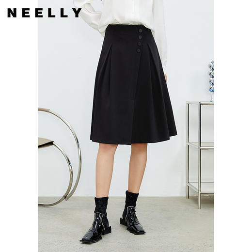NEELLY纳俪商场同款高腰半身裙女斜门襟单排扣A字裙小个子百搭N22074E04431 商品图0
