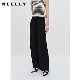 NEELLY纳俪商场同款黑色系带休闲裤女垂感百搭阔腿直筒裤简约长裤N24034H04570